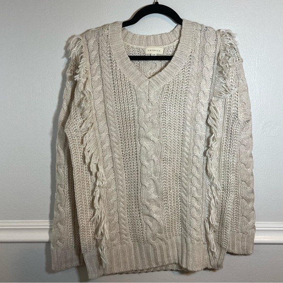 Three Bird Nest Fringe Cable Knit Sweater Size S/M - Picture 2 of 7